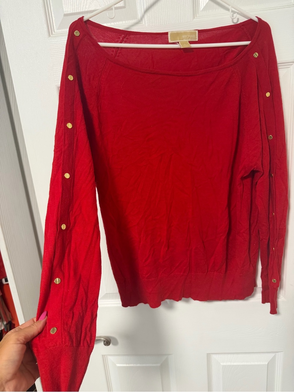 MICHAEL Michael Kors Red Off-the-Shoulder Sweater with Gold Buttons